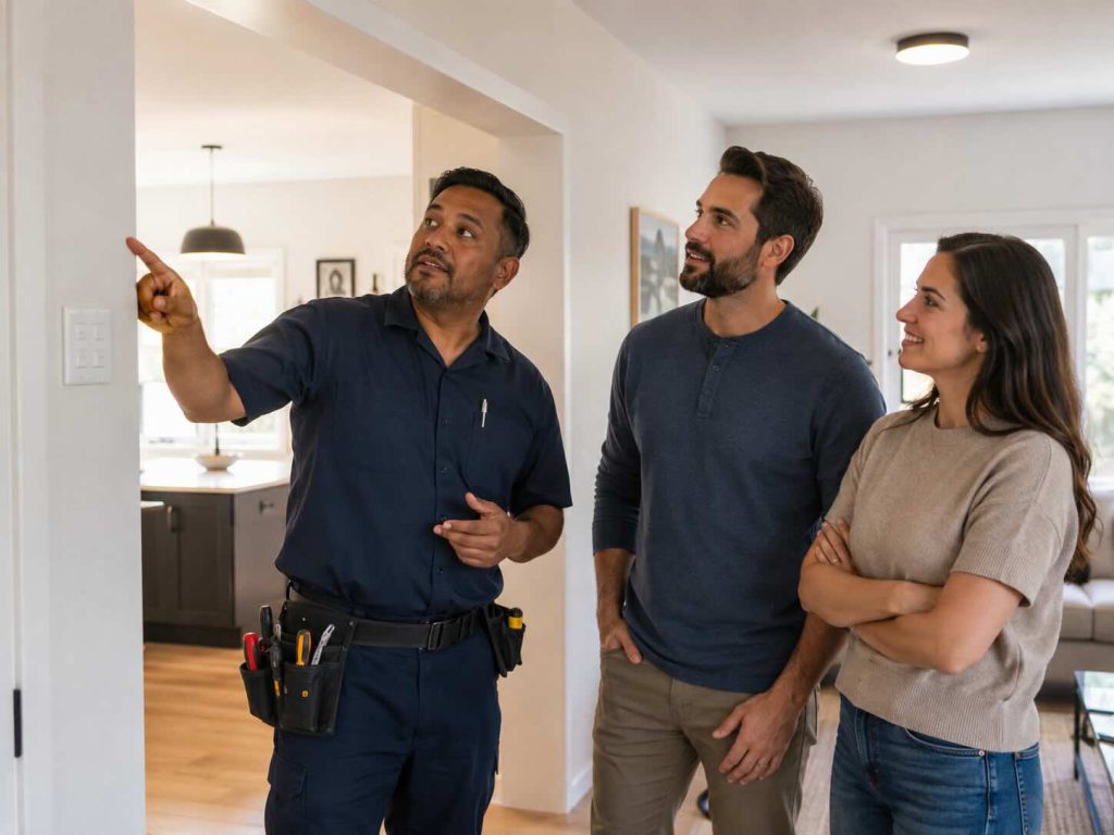 Electrician talking a couple through the electrics in their home