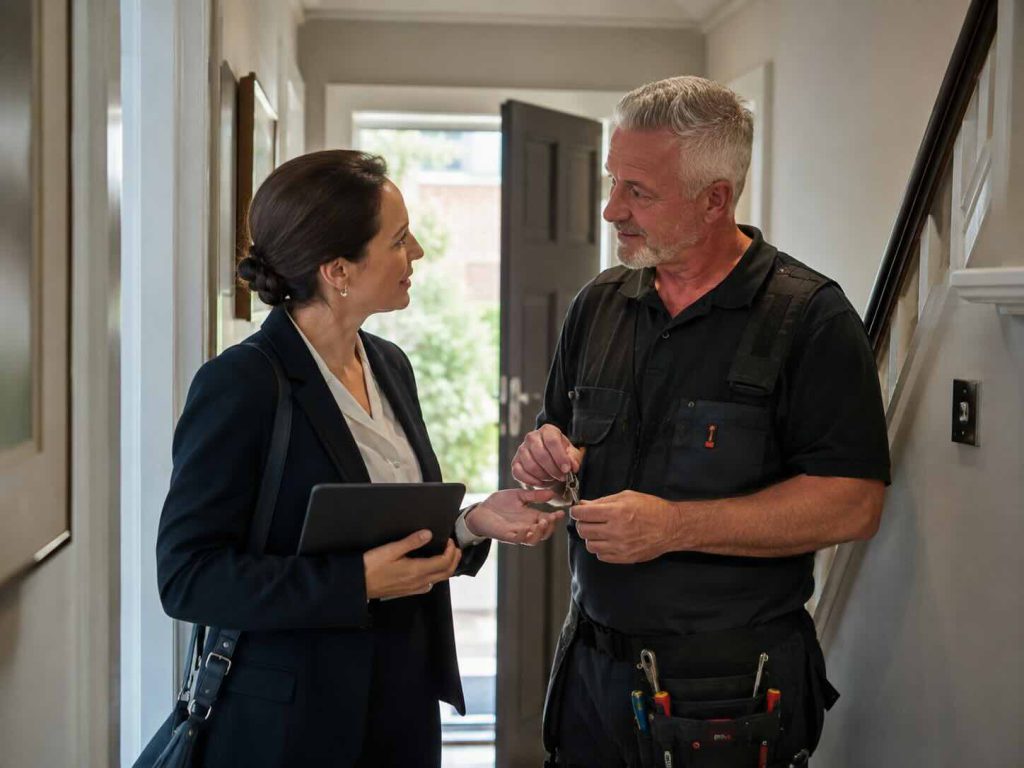 Letting agent handing property keys to an electrician
