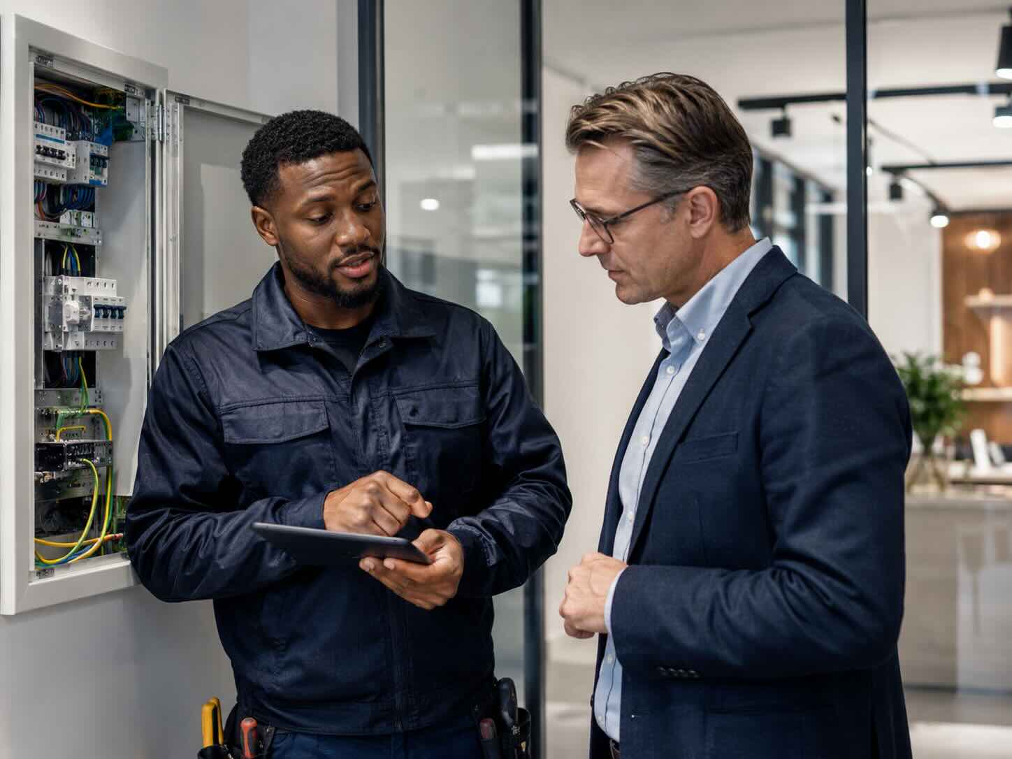 Commercial electrician reviewing a distribution board with a business client