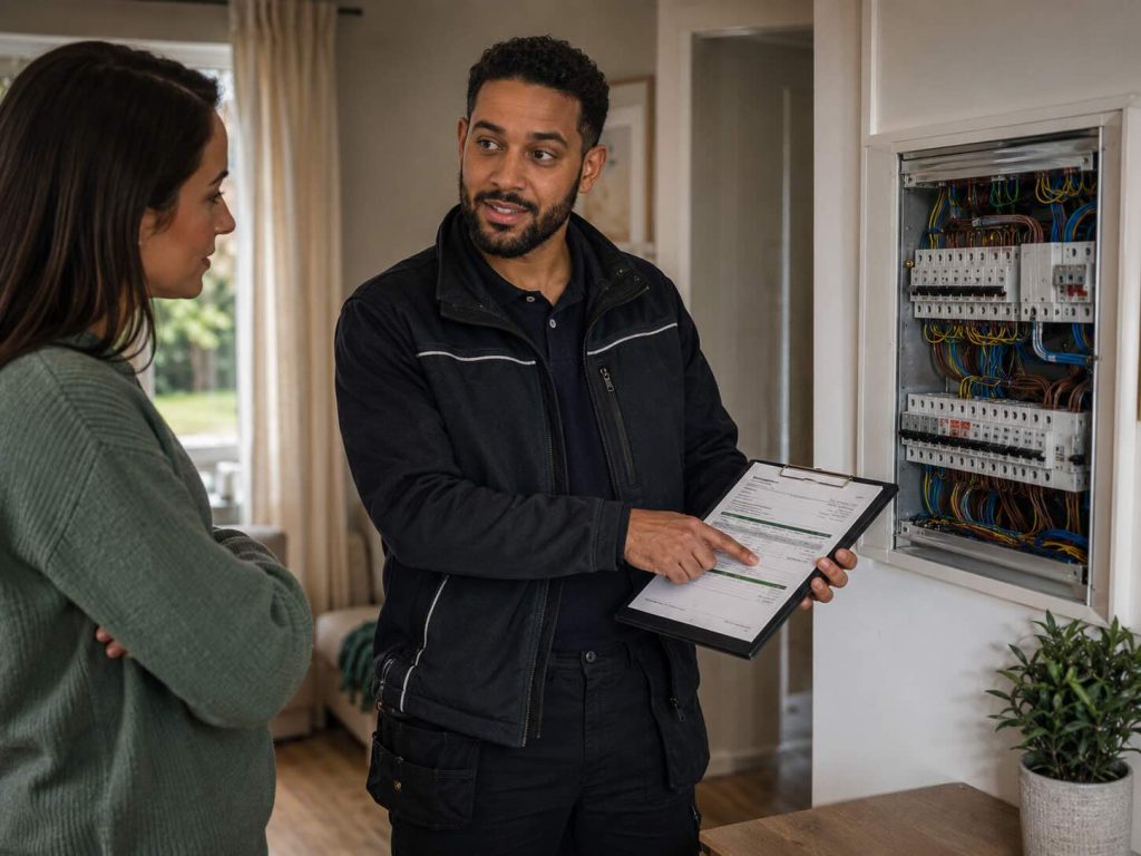 Electrician going through an electrical report with a homeowner beside the consumer unit