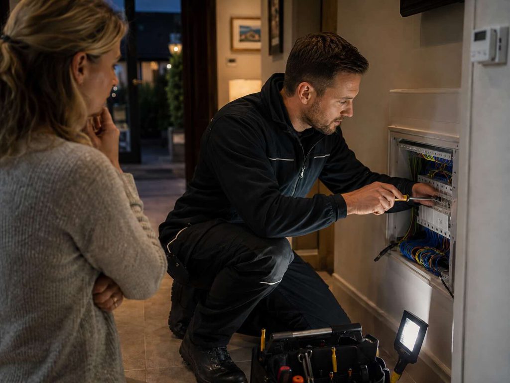 Electrician working on a consumer unit as the homeowner watches
