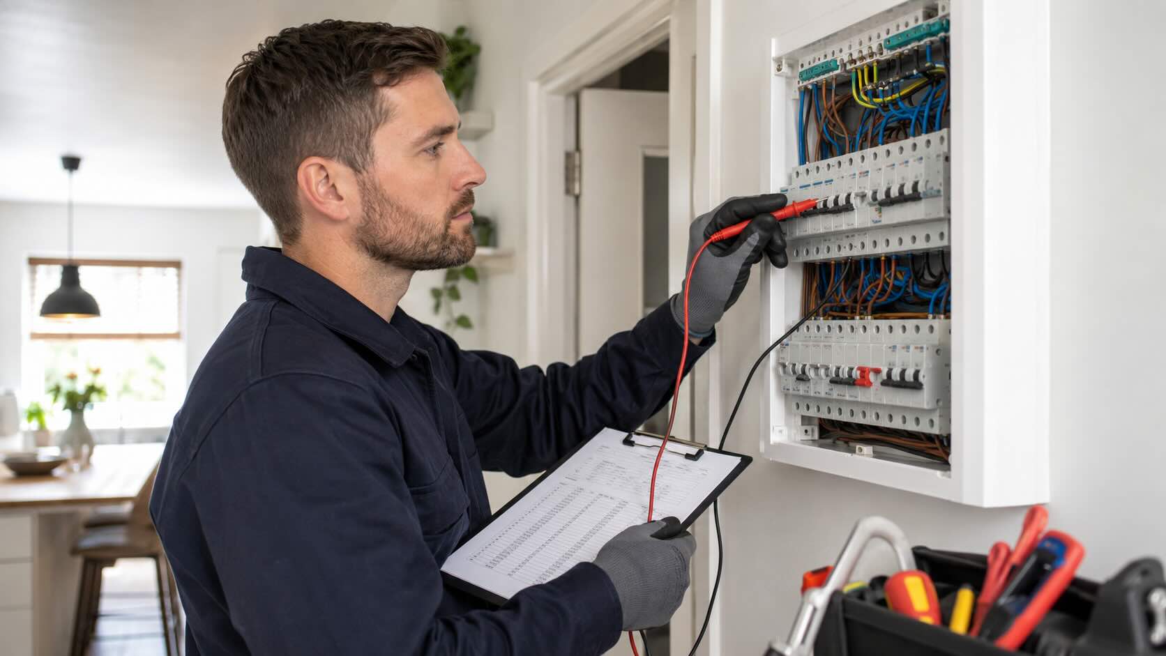 Local Electrician 24-7 engineer testing a consumer unit during an EICR inspection