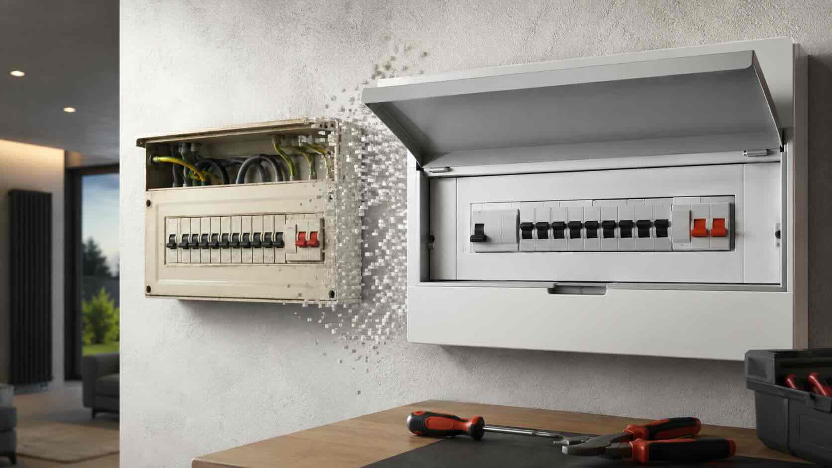 An older fuse box alongside a modern replacement consumer unit