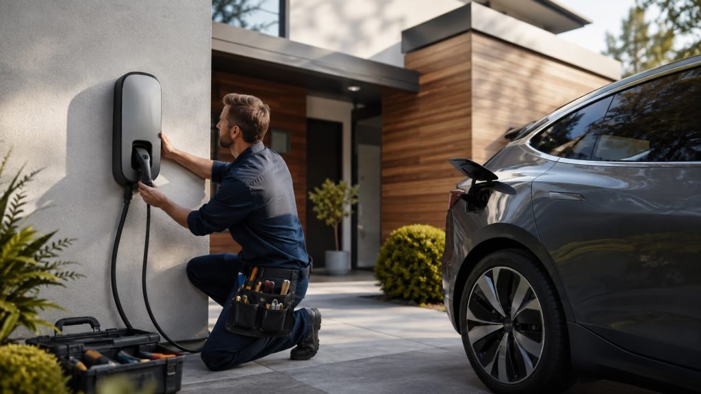 Electrician fitting an EV charger to the outside wall of a house