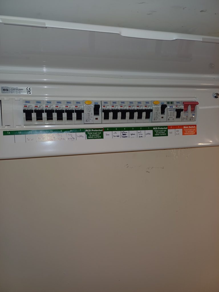 Consumer unit with its circuits split across RCD-protected sections