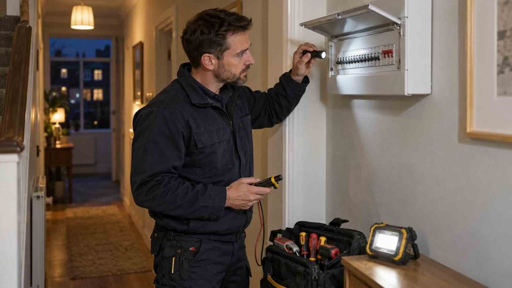 Electrician using a torch to inspect a consumer unit in a hallway at night